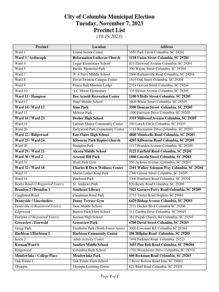 Columbia Election Precincts | PDF | Protestant Denominational Families ...