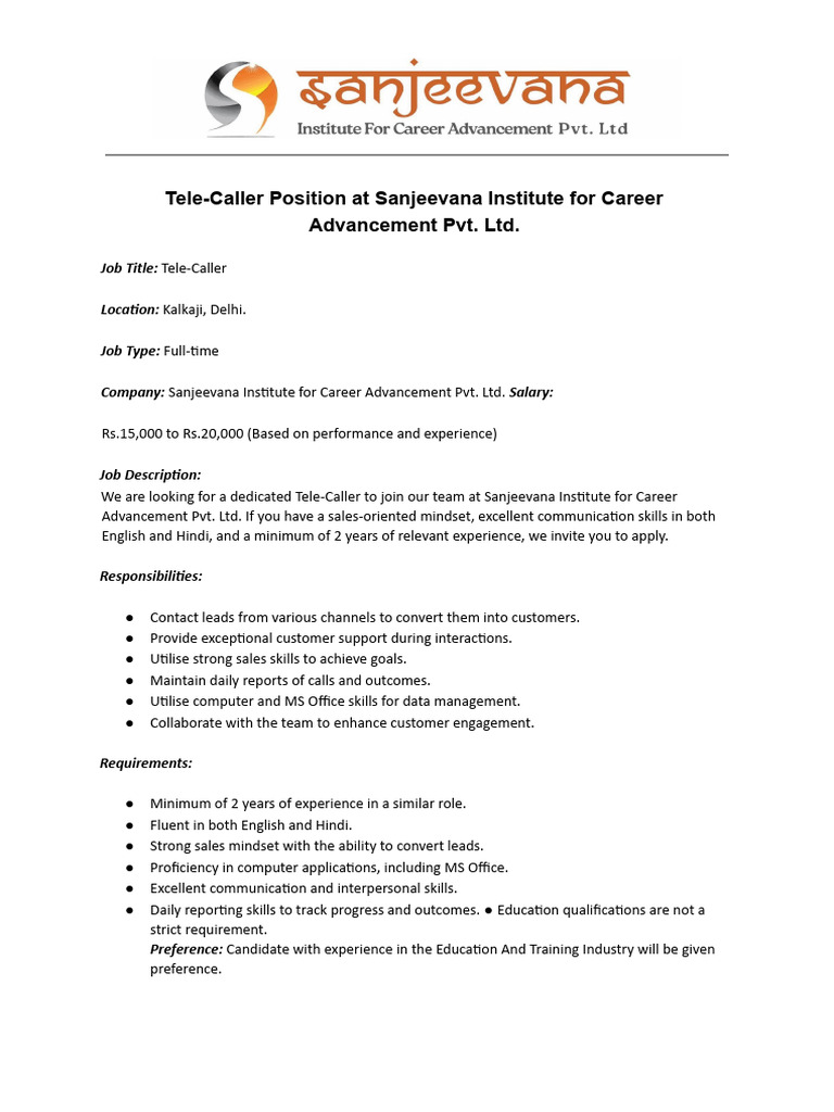 Tele-Caller Job Opening at Sanjeevana | PDF