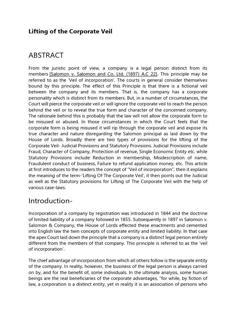 Lifting of The Corporate Veil PDF Piercing The Corporate Veil