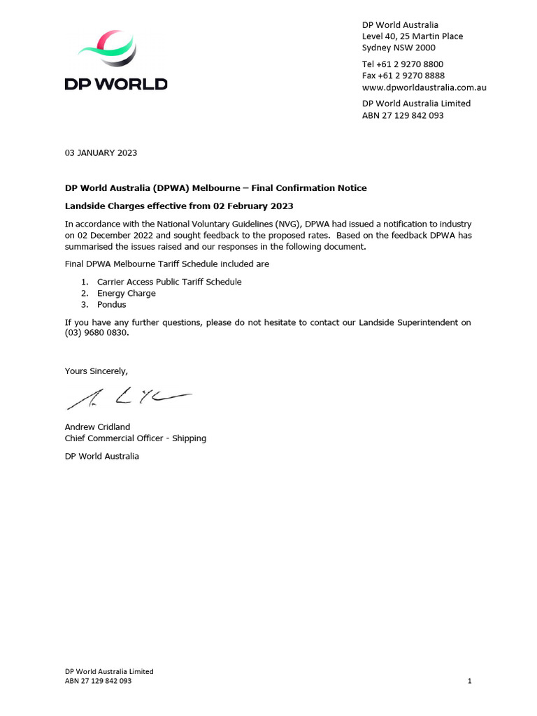 DP World Melbourne Landside Charges 2023 | PDF | Fee | Truck
