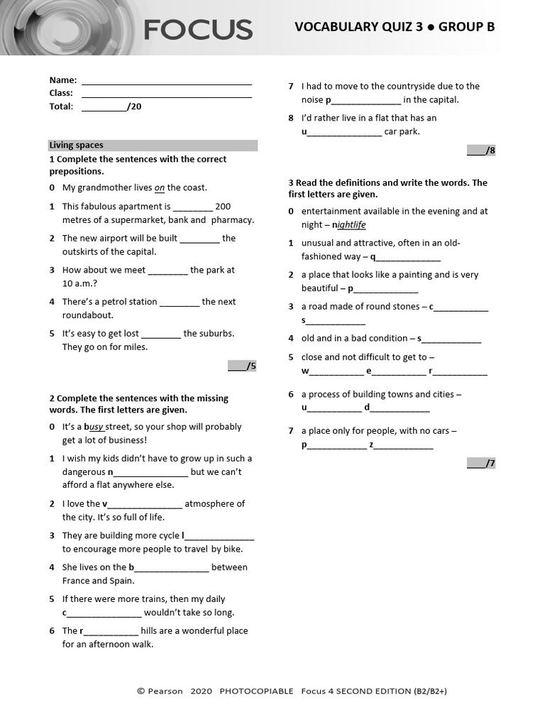 Vocabulary Quiz: Unit 3 Focus 4 | PDF