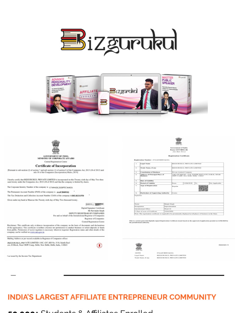 Bizgurukul At A Glance Pdf Entrepreneurship Business