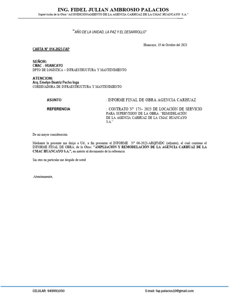 Informe Final de Obra Agencia Carhuaz | PDF