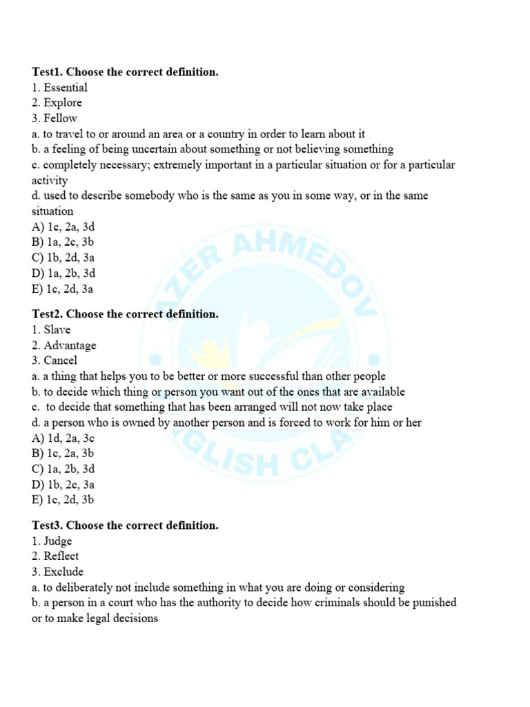 Vocabulary Test Definitions | PDF | Cognition | Psychological Concepts
