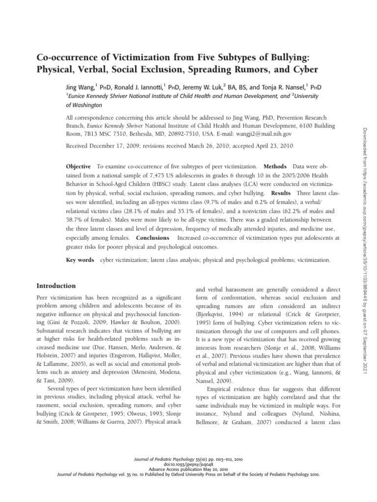Co occurence of victimization from five subtypes of bullying pdf