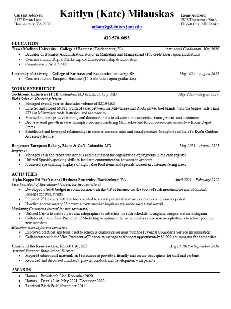 Kate Milauskas Resume PDF Sales - 1727290645