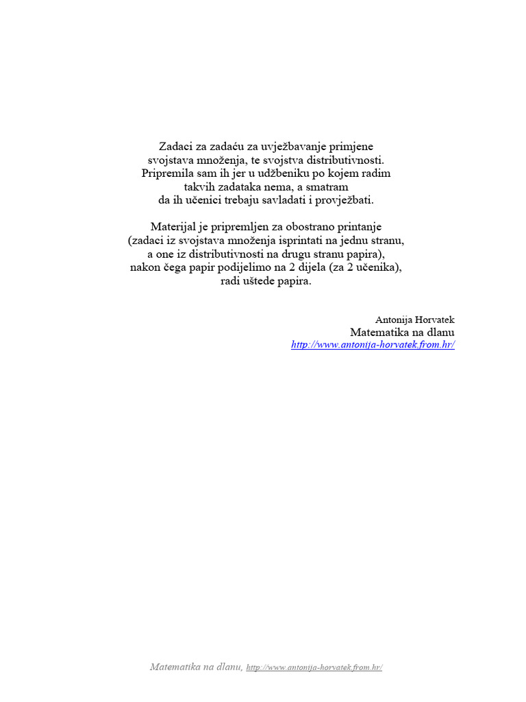 Svojstva Mnozenja I Distributivnost DZ | PDF