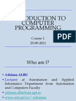 Introduction To Computer Programming: Course 1 29-09-2011