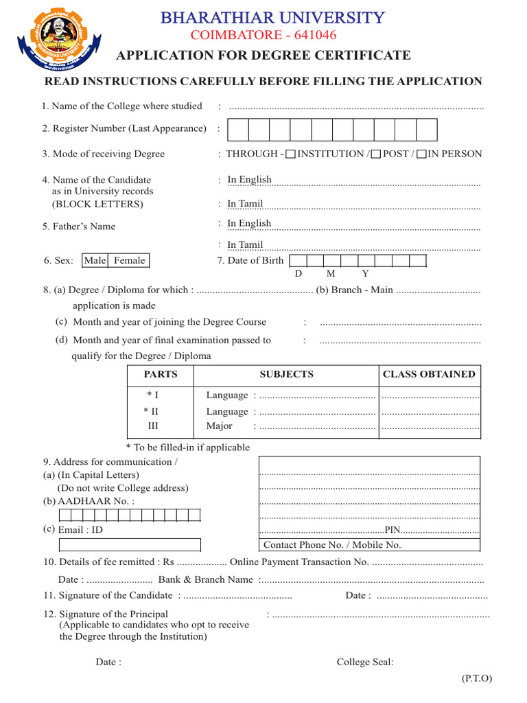 Bharathiar University Application For Degree Certificate PDF Doctor