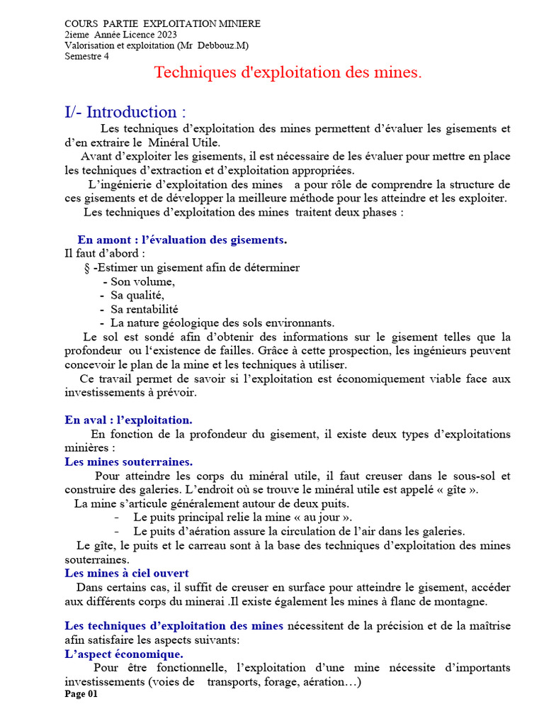 Techniques d'Exploitation Minière 2023 | PDF | Exploitation minière