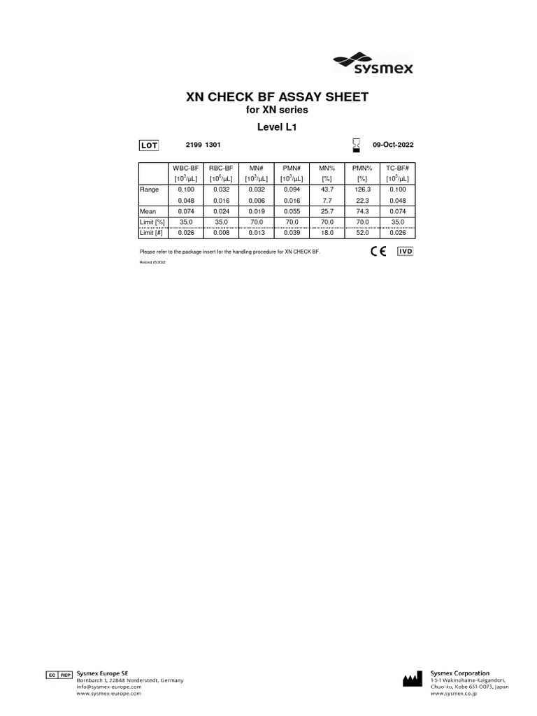 XN Check BF Assay Sheet Level L1 | PDF