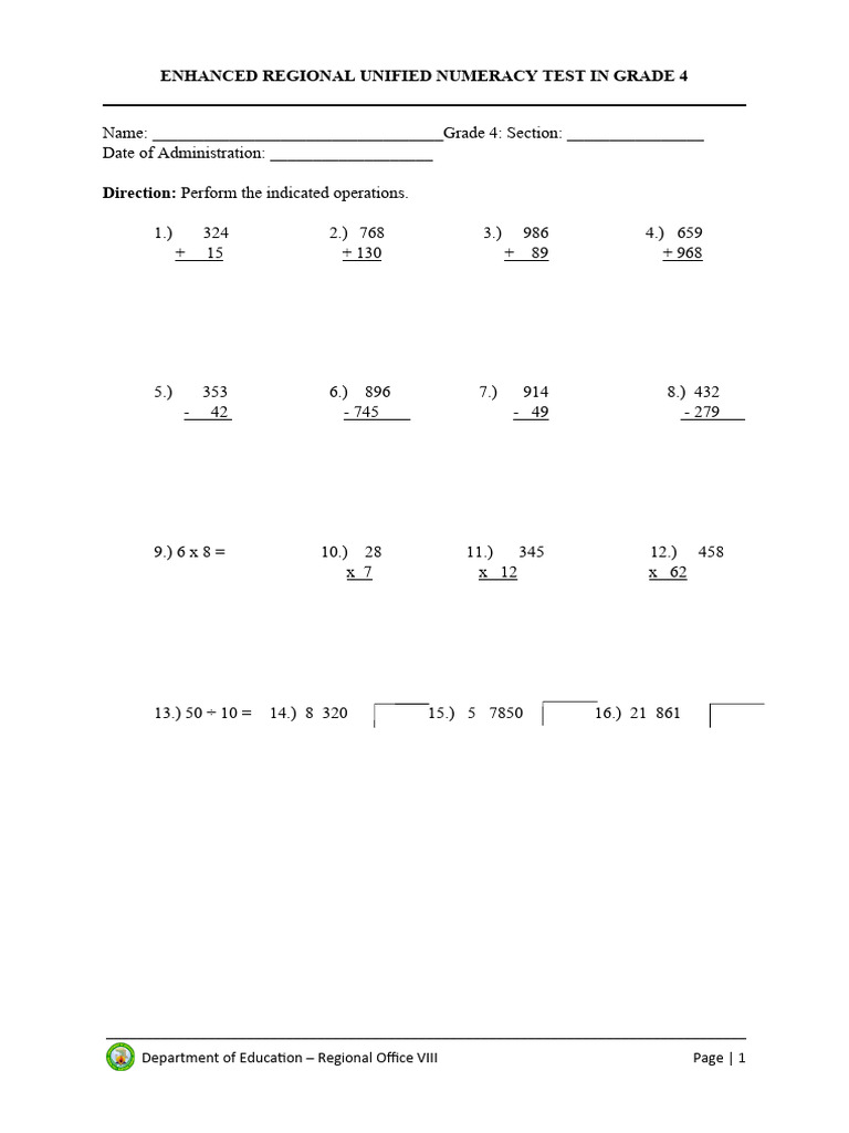 Enhanced Grade 4 Numeracy Test | PDF