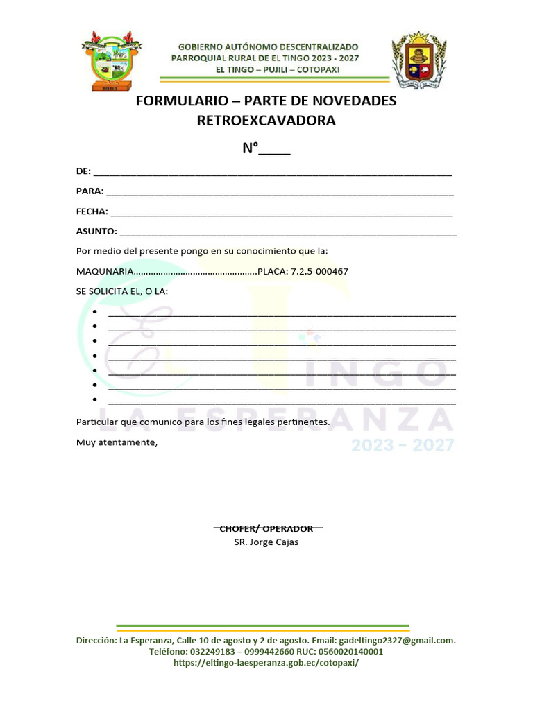 Formulario Parte de Novedades Retro PDF