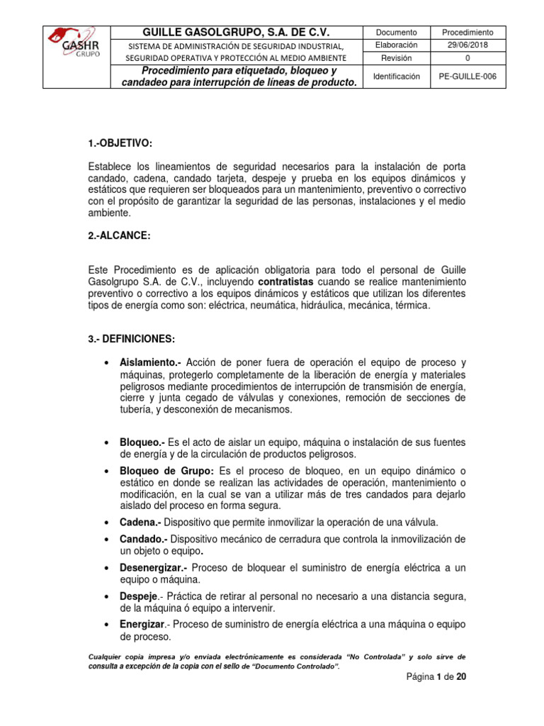 Procedimiento de etiquetado bloqueo y candadeo para la interrupcion de