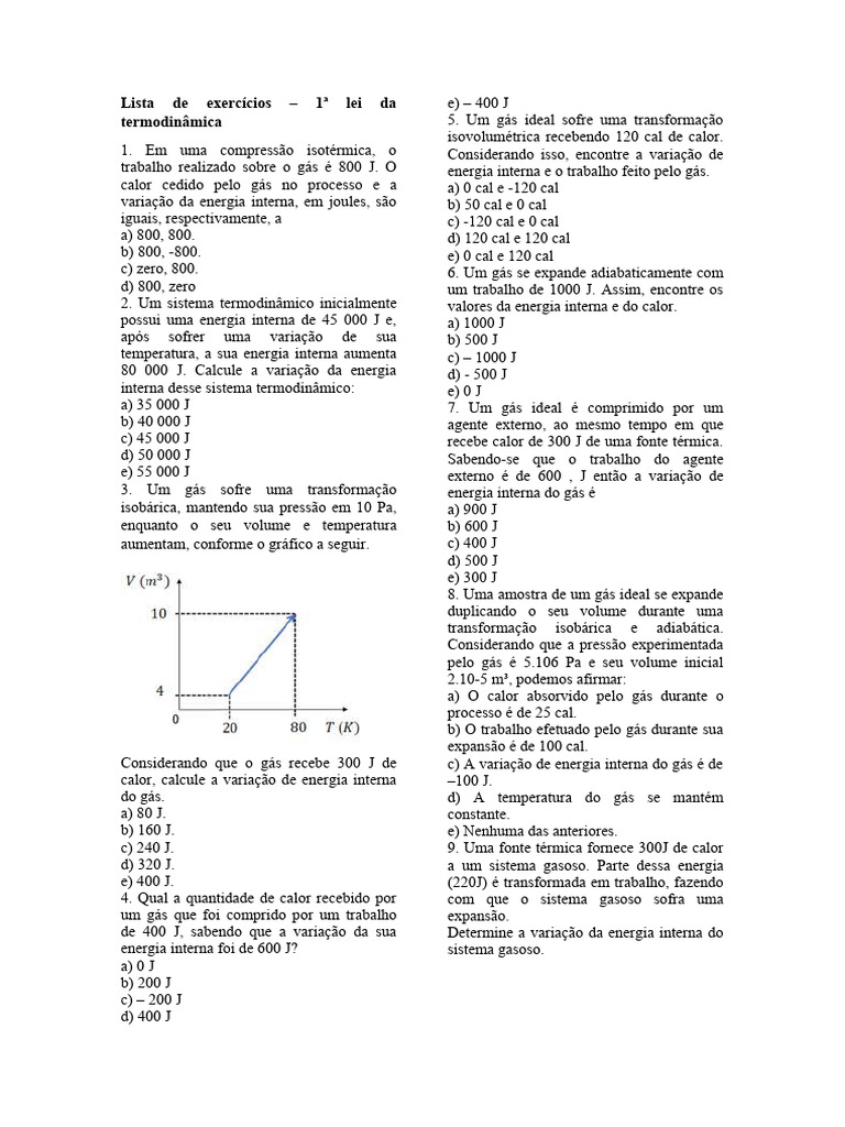 Exercícios sobre a 1ª Lei da Termodinâmica | PDF | Termodinâmica | Calor