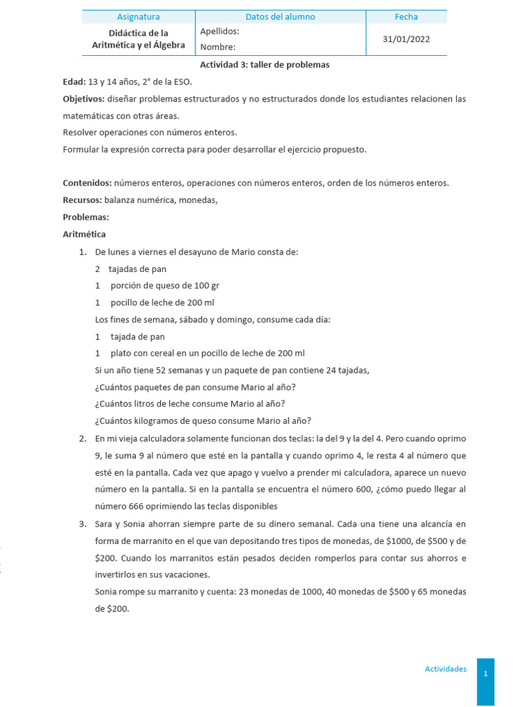 Taller de Problemas Matemáticos 2° ESO | PDF | Aritmética | Matemáticas