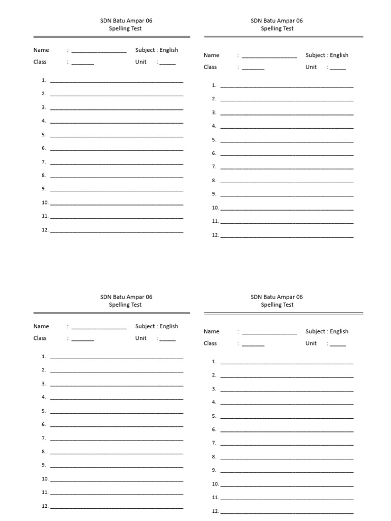 Spelling Test Answer Sheets PDF