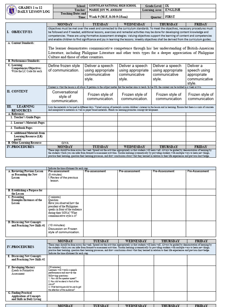 Grade 9 English Lesson Plan | PDF | Learning | Teachers