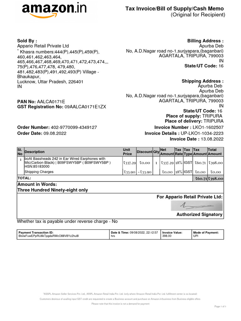 Boat Earphone Invoice PDF