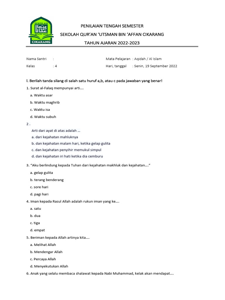 Soal aqidah kelas 4