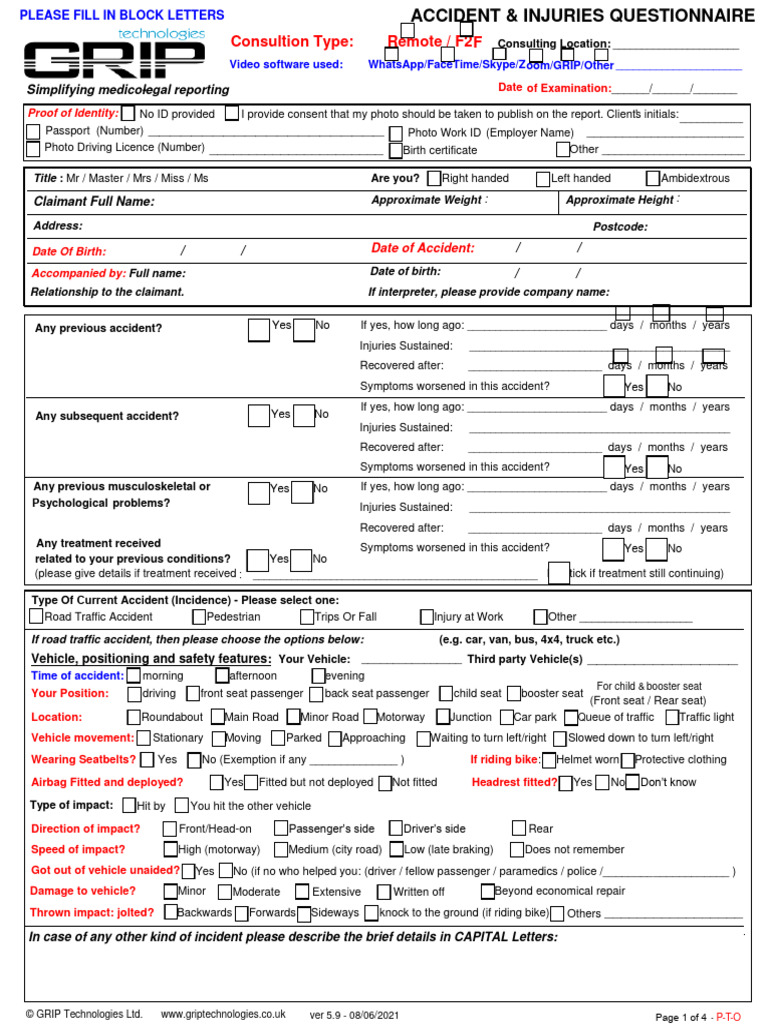 Accident & Injury Questionnaire Form | PDF