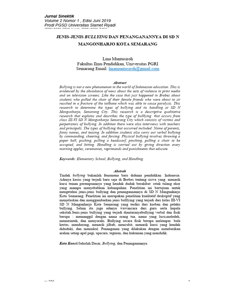 Jenis Bullying di SD N Mangunharjo | PDF | Bullying | Psychological ...