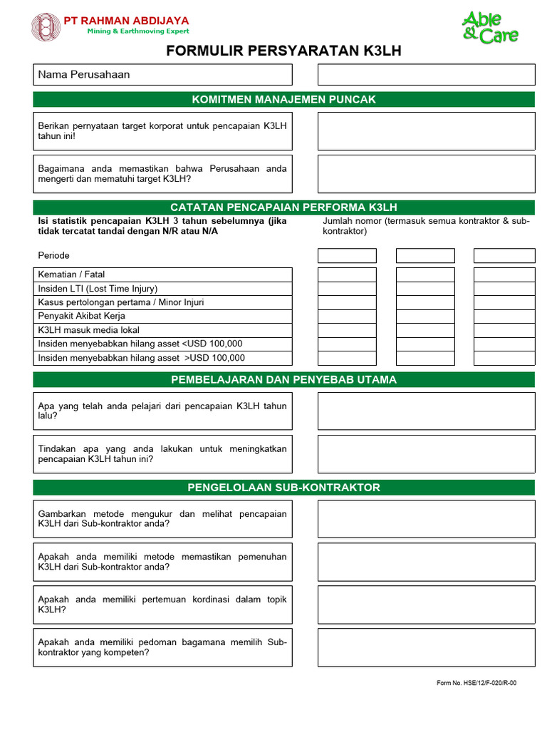 HSE 12 F020 R0 Form Persyaratan K3LH | PDF