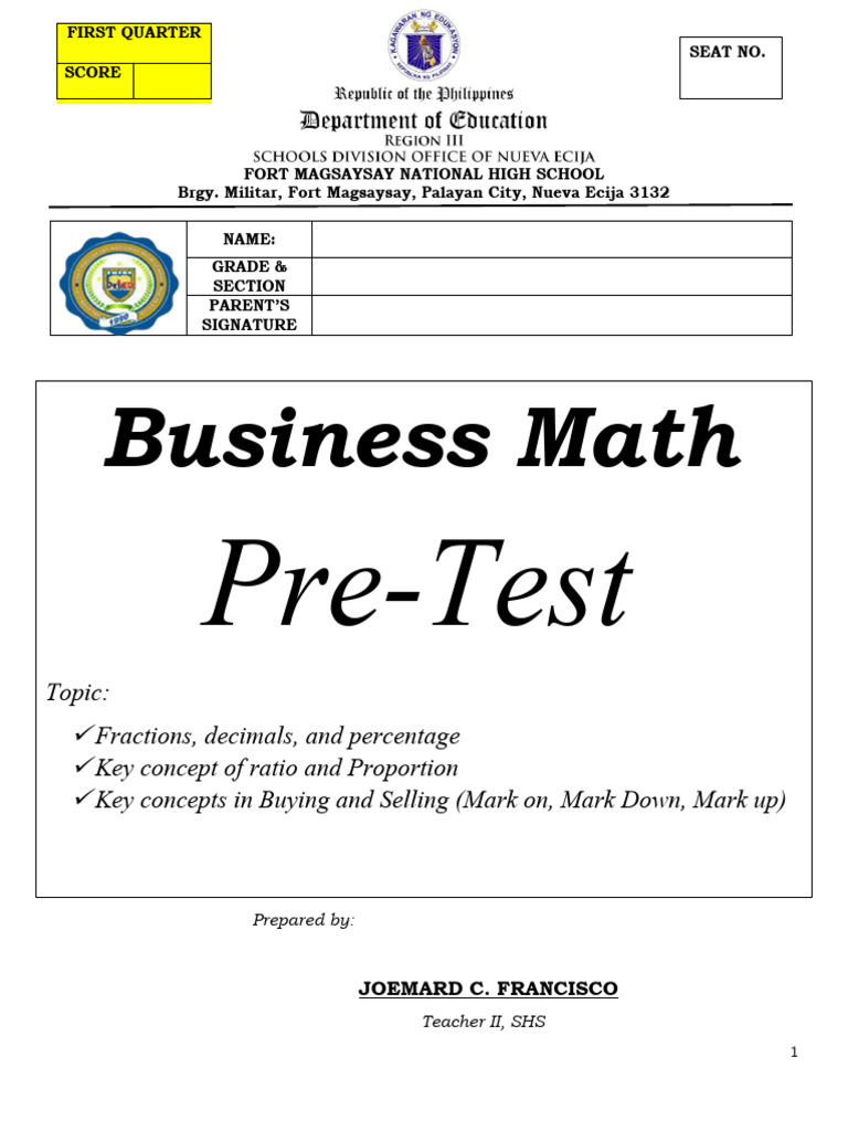 Business Mathematics Pre-Test 11-Abm 2023-2024 | PDF | Mathematics ...