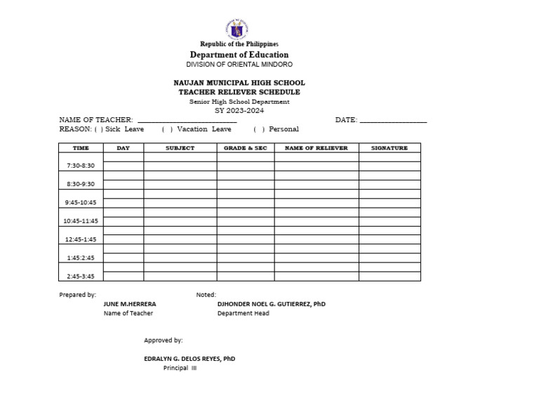 Teacher Reliever Schedule SY 2023-2024 | PDF