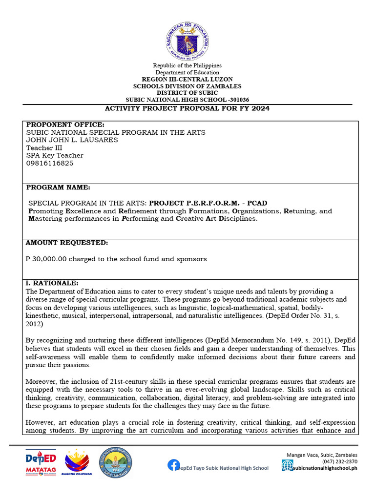 Subic National High School Arts Proposal | PDF | Creativity | Critical ...