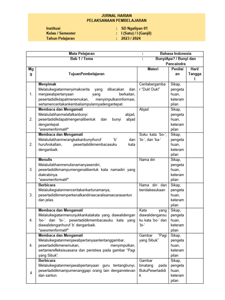 Jurnal Harian Kelas 1 Kurikulum Merdeka | PDF