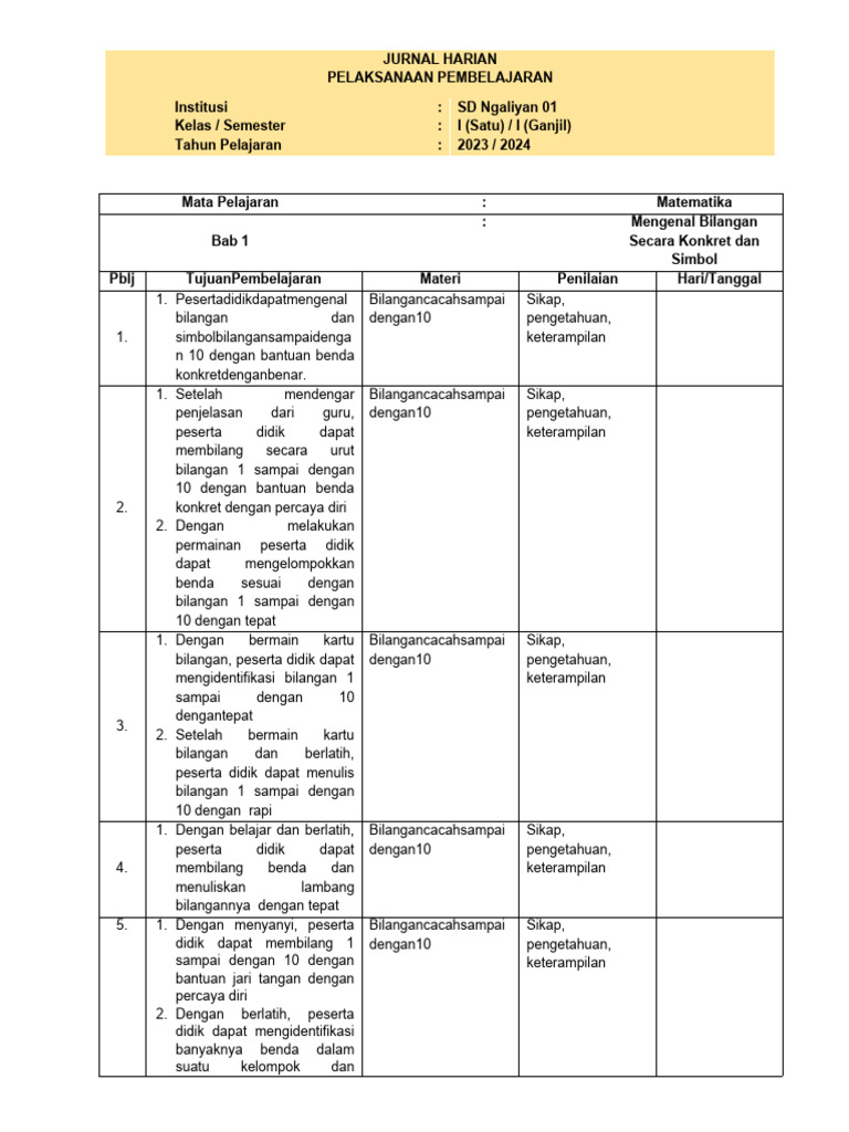 (DICARIGURU - COM) Jurnal Mengajar Harian Kelas 1 Matematika Kurikulum ...