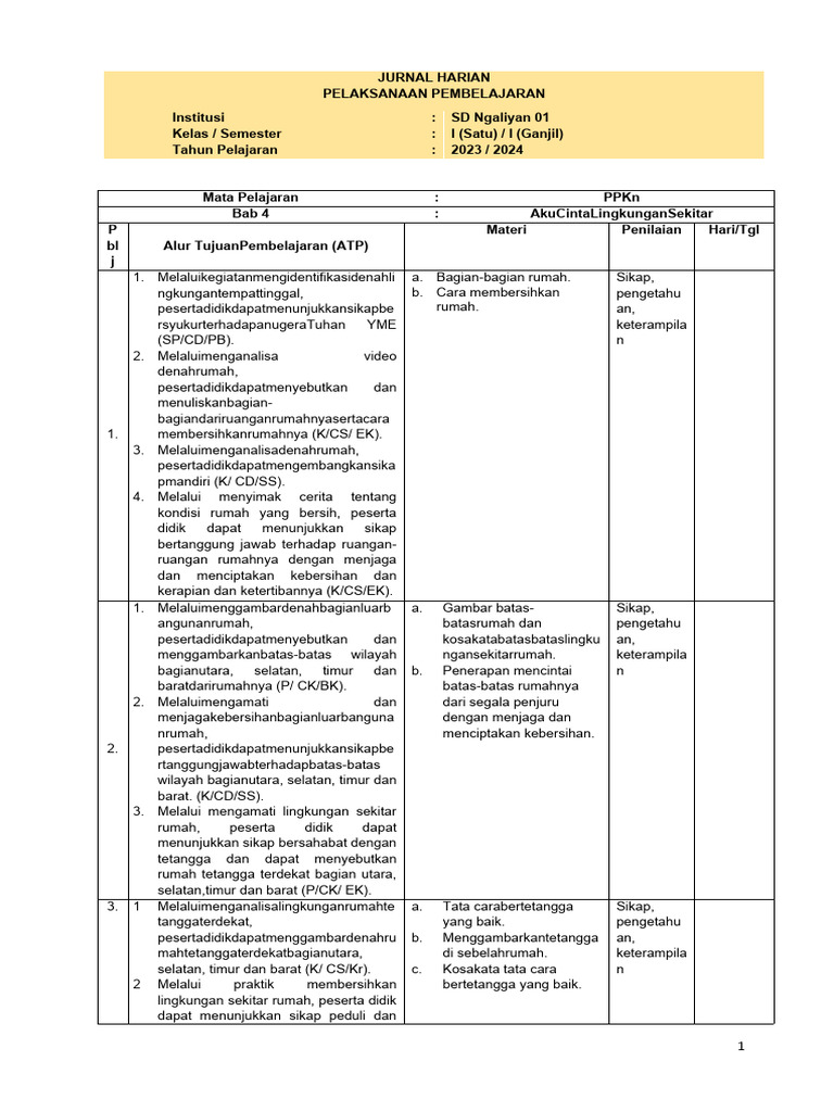 Jurnal Harian Kelas 1 Kurikulum Merdeka | PDF