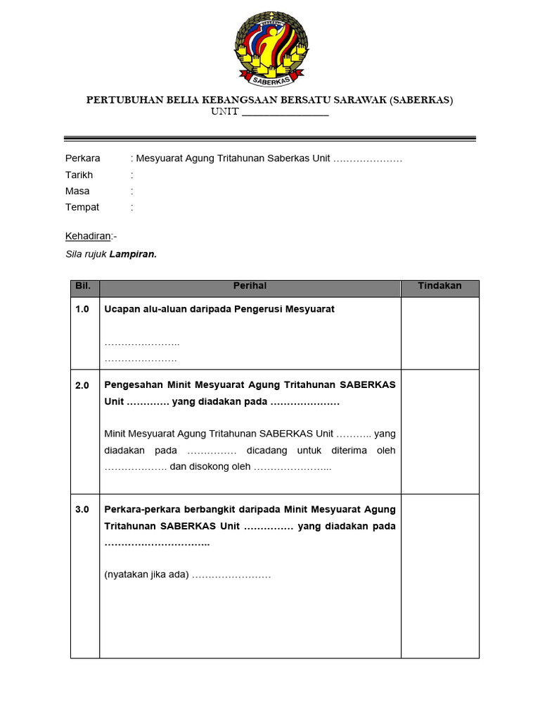 Contoh Format Minit Mesyuarat Agung Tritahunan | PDF