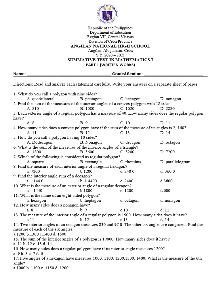 Math 7 Summative Test: Polygons and Angles | PDF