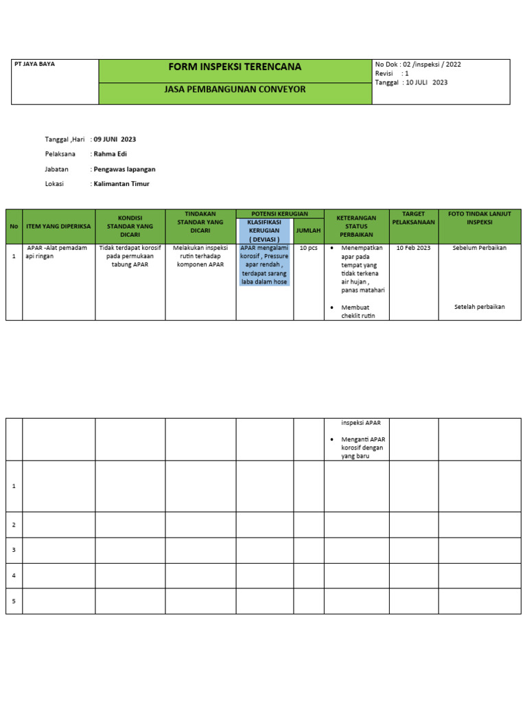 SK 02 Form Inspeksi Terencana | PDF