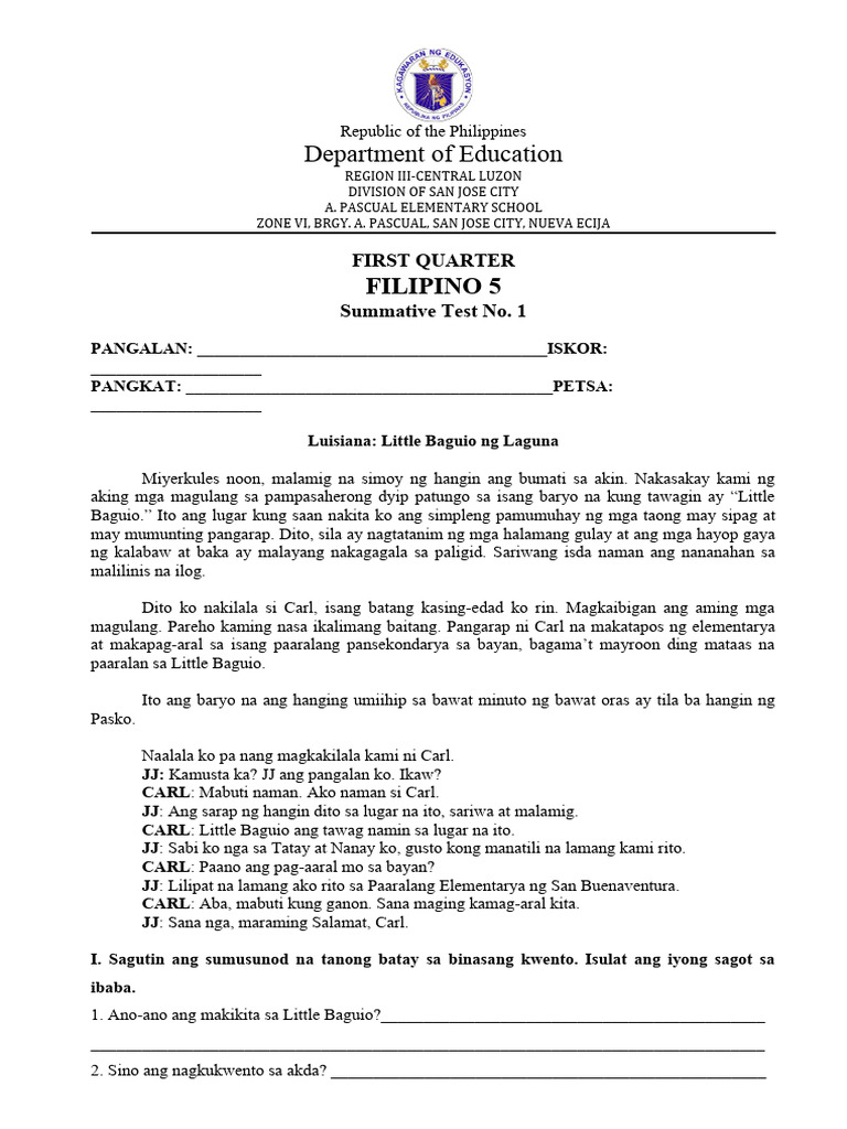 G5 Filipino Q1 Summative1 4 Pdf