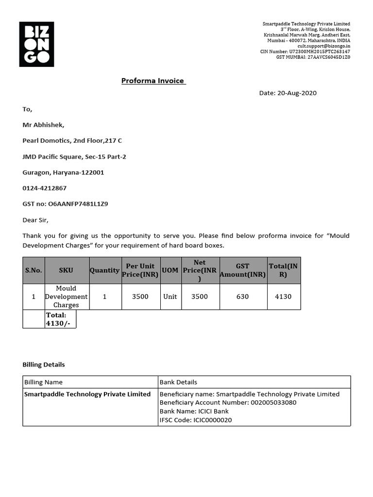 Proforma Invoice - Mould Development Charges | Download Free PDF ...