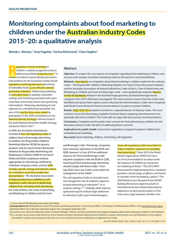 S67 Monitoring Complaints About Food Marketing To Children Under The