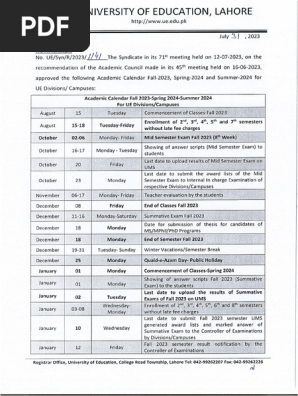 Notification Regarding Academic Calendar Fall 2023, Spring 2024 and Summer  2024 For UE Divisions-Campuses No. 1141 | PDF
