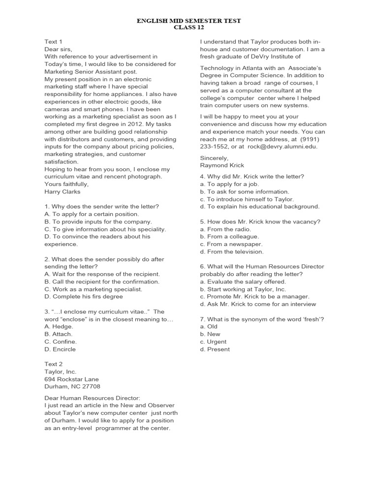 Job Application Test for Class 12 | PDF