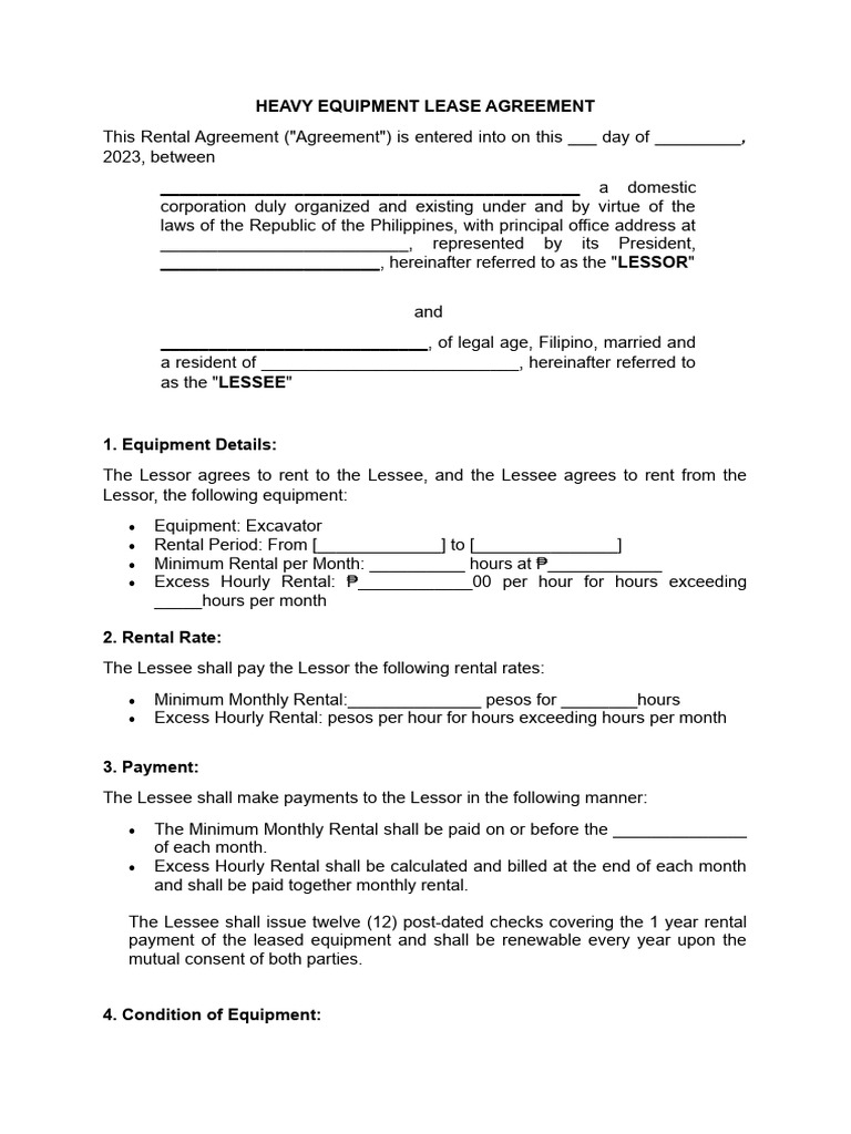 Heavy Equipment Lease Agreement | PDF | Social Science