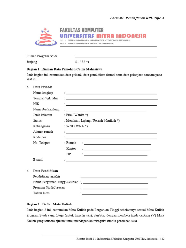 Formulir RPL 01 | PDF