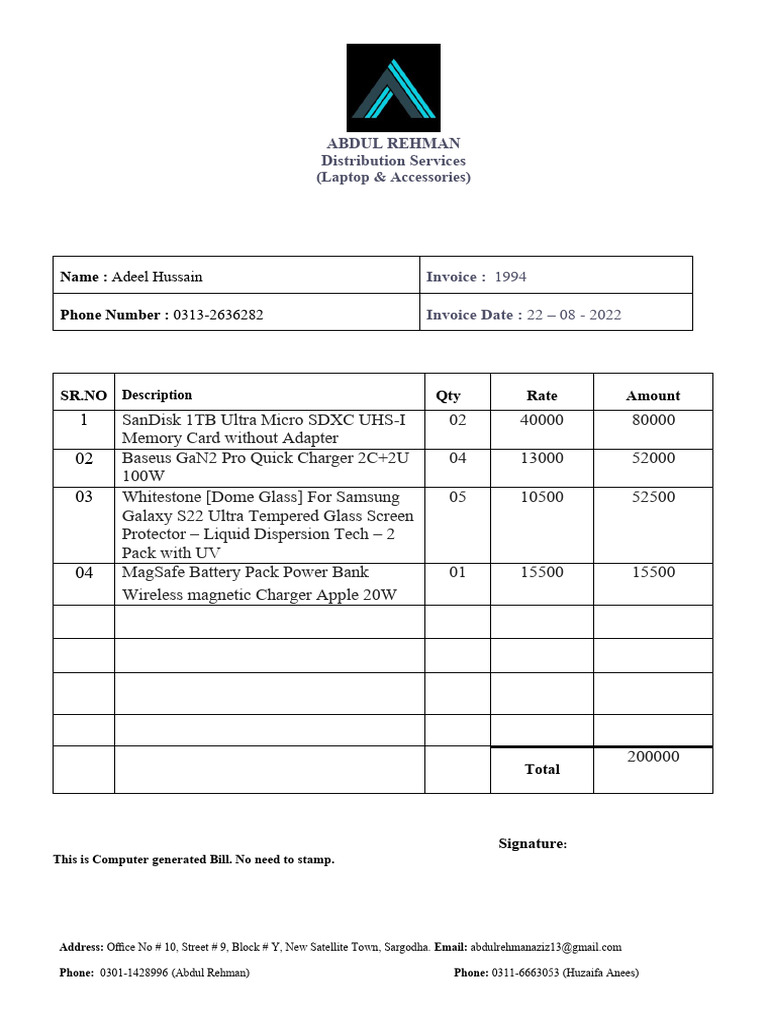 Invoice for Laptop Accessories Purchase | PDF