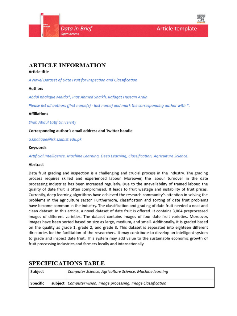 Novel Date Fruit Dataset for AI Classification | PDF | Data | Machine ...
