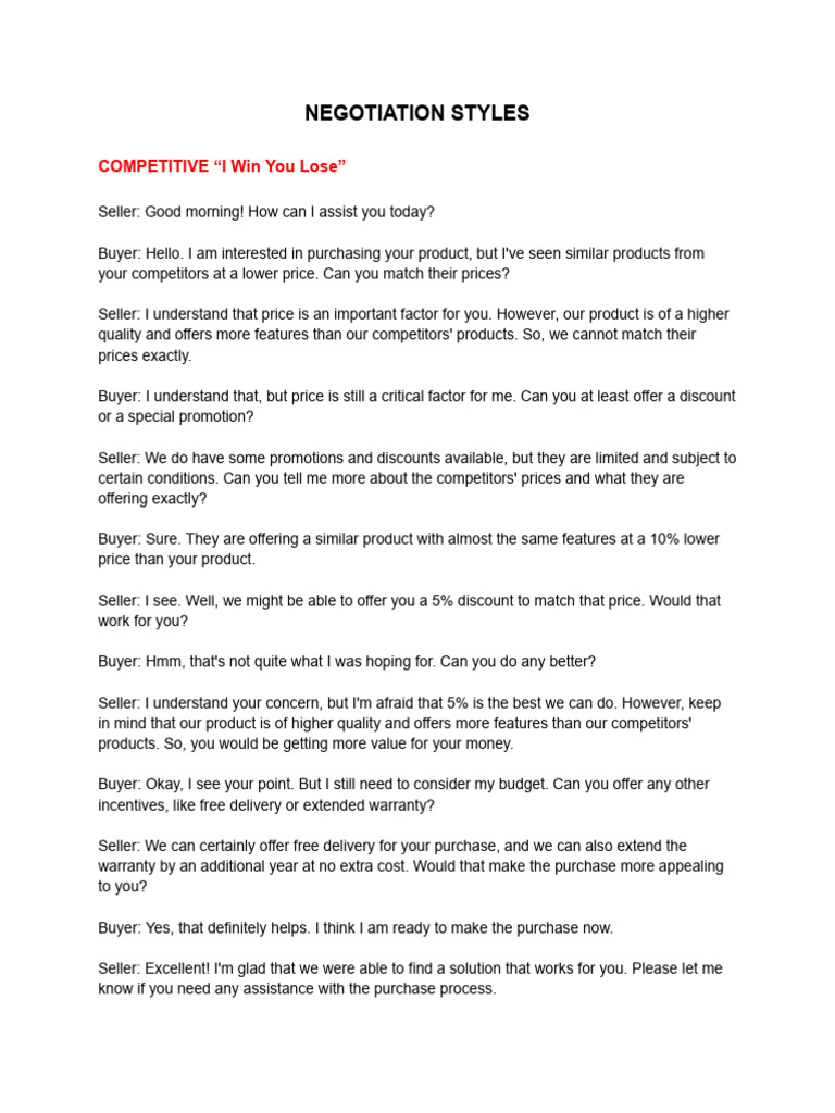 Negotiation Styles Script Example (2) PDF Sales Prices