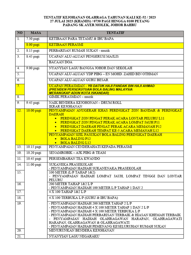 Tentatif Kejohanan Olahraga 2023 | PDF