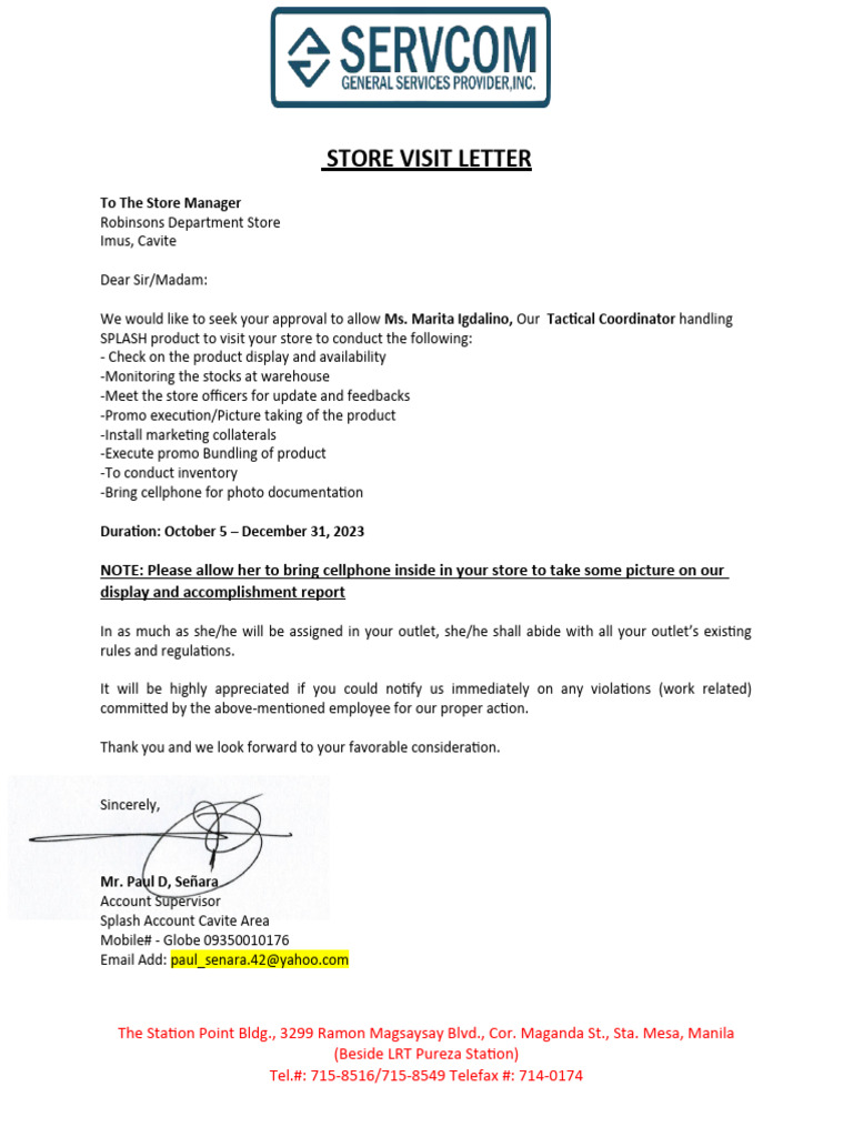 Store Visit Approval Request for SPLASH | PDF