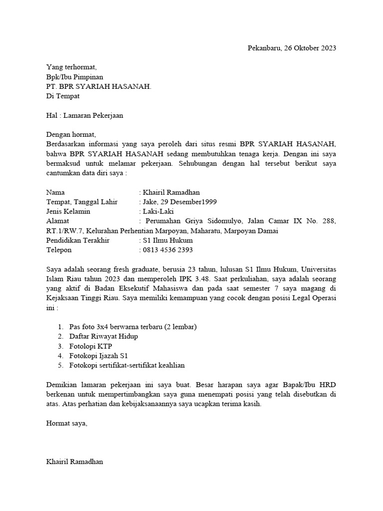 Lamaran Pekerjaan di BPR Hasanah | PDF
