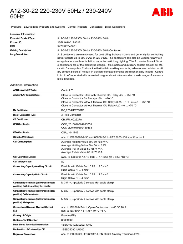 A12-30-22 Contactor Specifications | PDF | Technology & Engineering